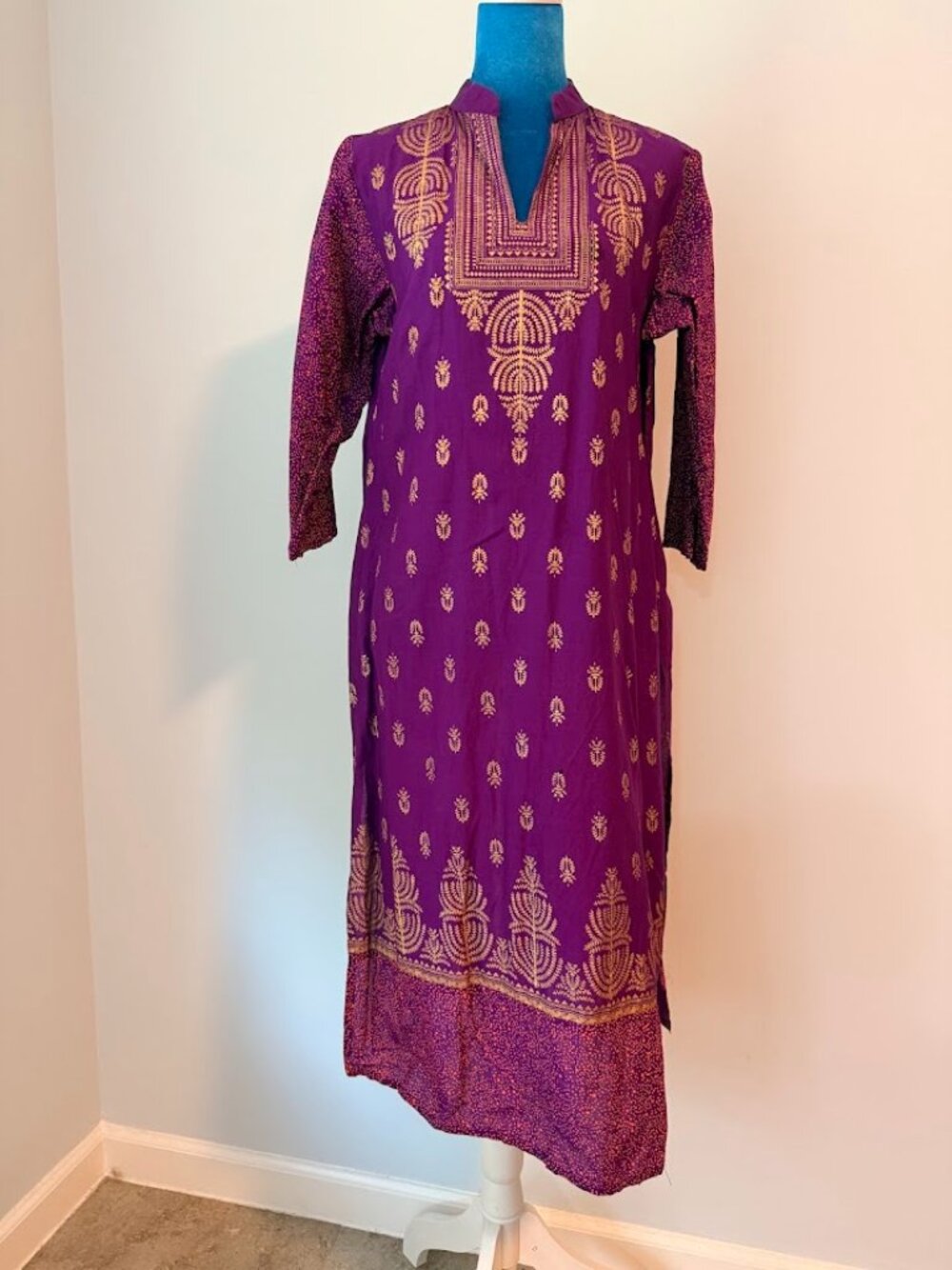 Purple Kurti Gold Print Mandarin Collar